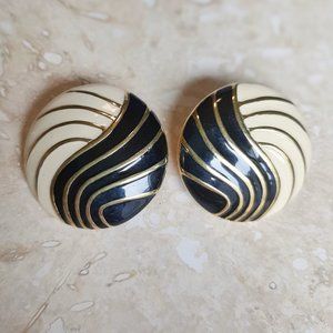VTG Napier Art Deco Gold Navy & White Enamel Swirl Pierced Earrings